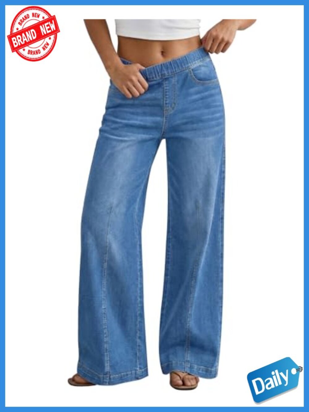 Wide Leg Jeans High Rise Pull On Elastic Waist Stretchy Denim 30" Inseam